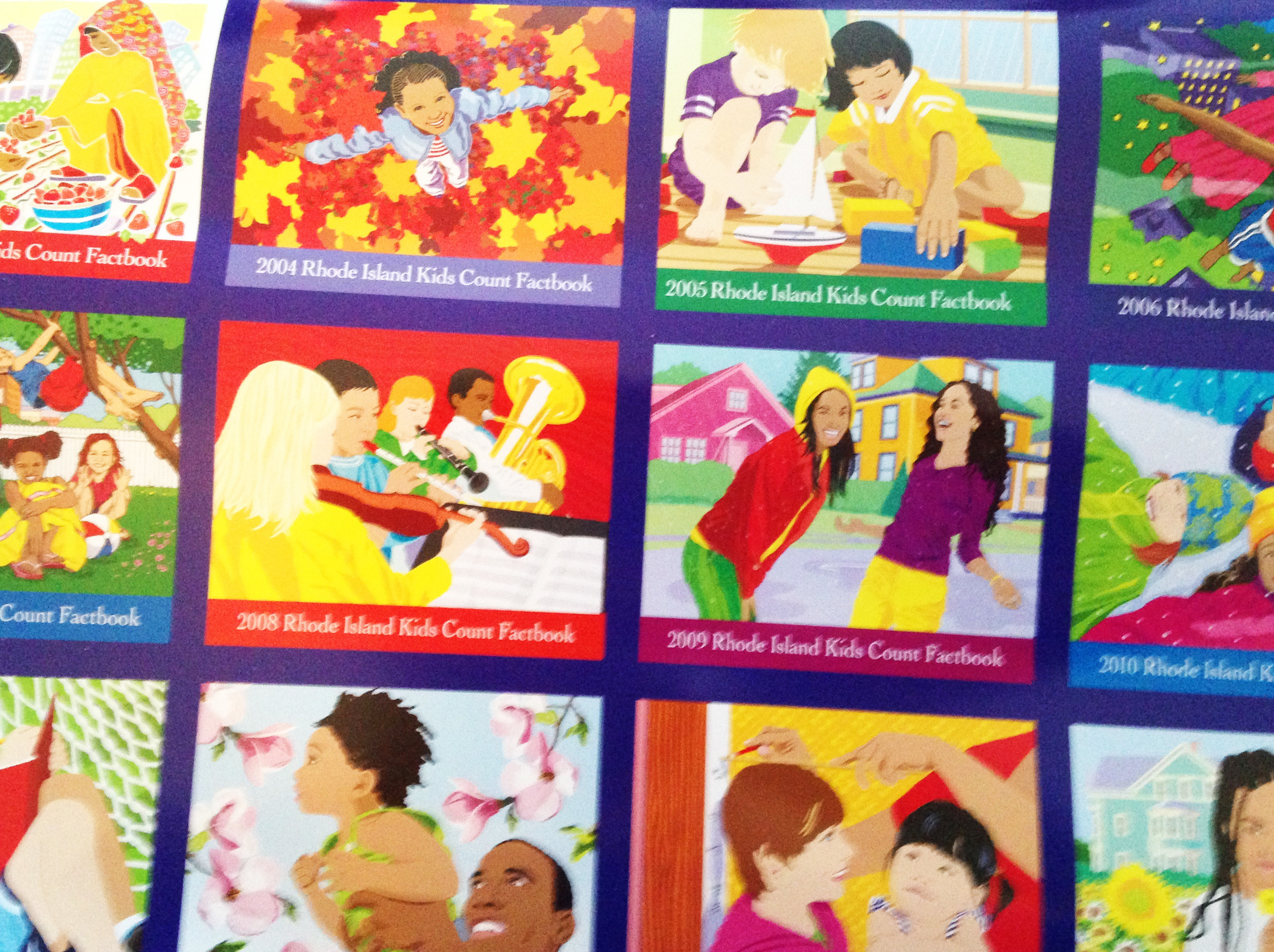 Images from a collage of covers of the first 20 Rhode Island Kids Count Factbooks published as a poster in 2014