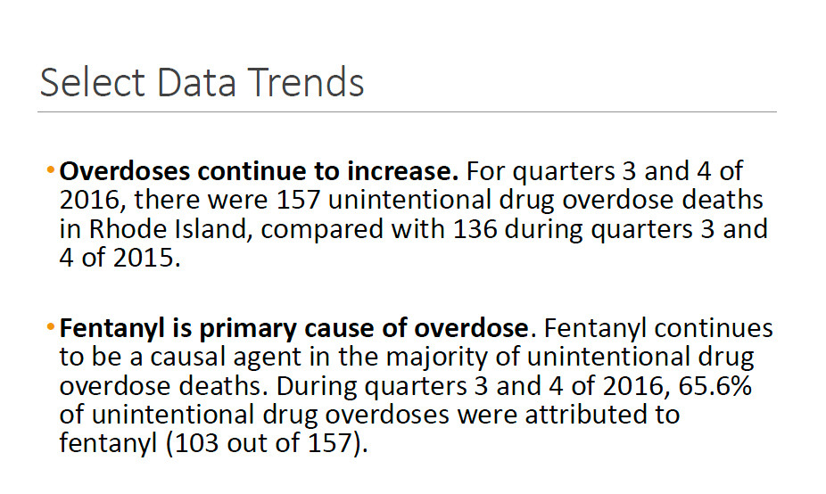 In her June 14 report to the Task Force, Traci Green identified the following select data trends related to how fentanyl had caused the number of overdose deaths to spike in 2016.
