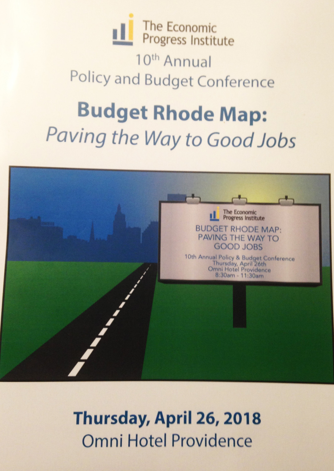 The program cover for the 10th annual policy and budget conference hosted by the Economic Progress Institute.