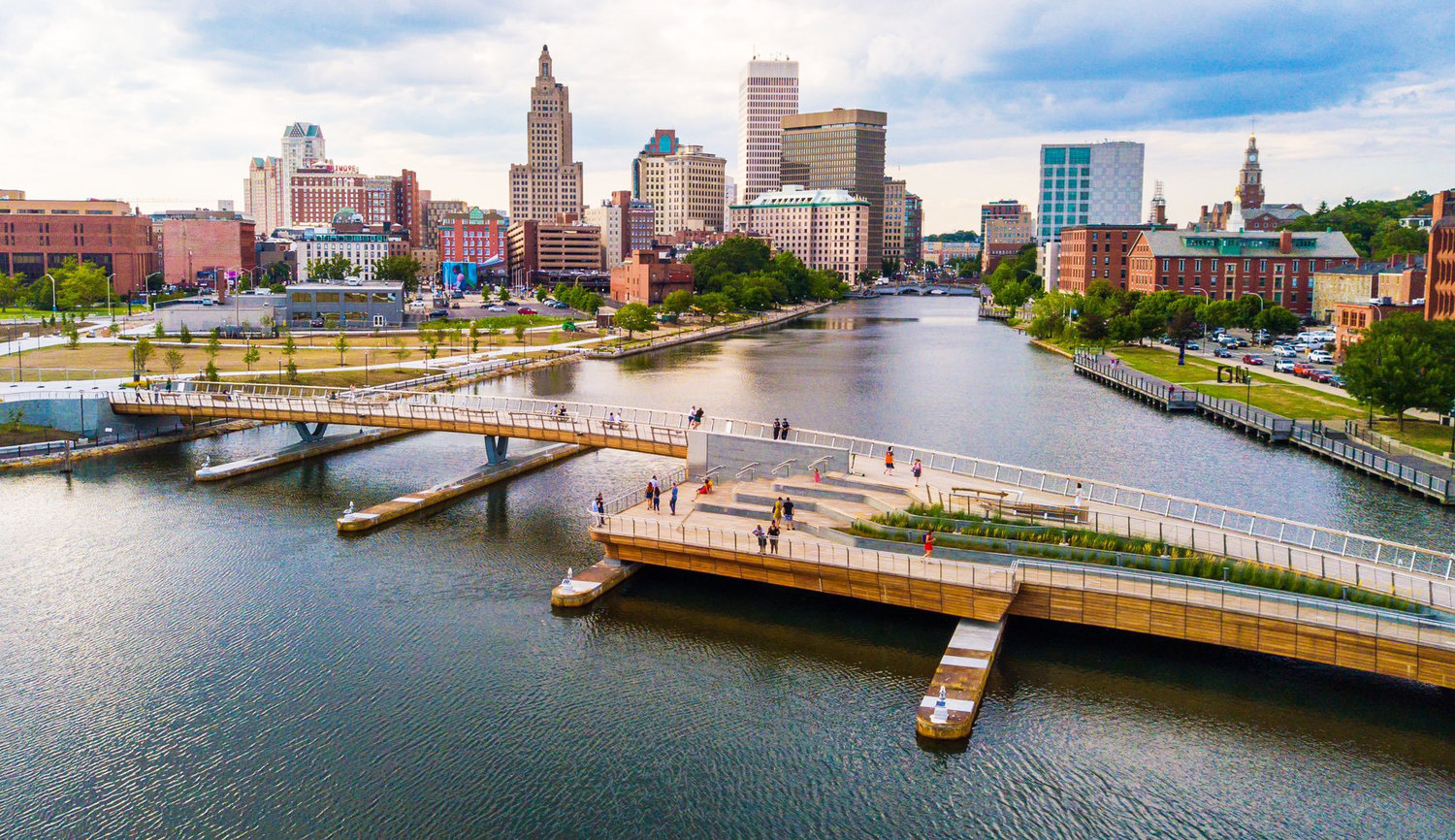 The landscape of the Providence skyline and the new pedestrian bridge, now open to pedestrians.