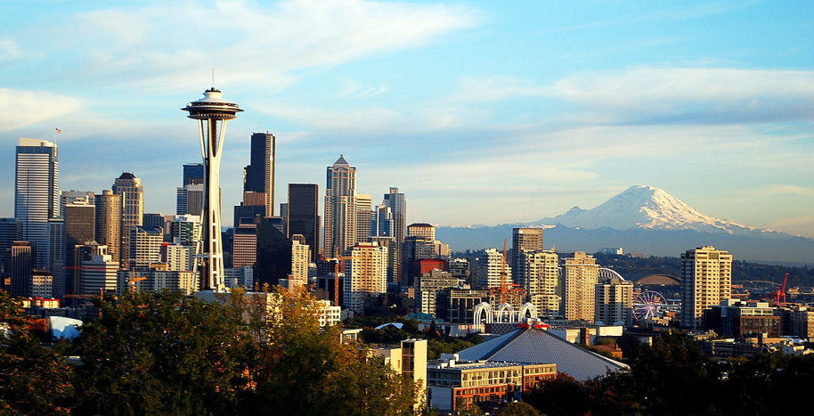 Image of the city of Seattle looking east toward Mt. Rainier. The region became the first U.S. epicenter of the coronavirus.