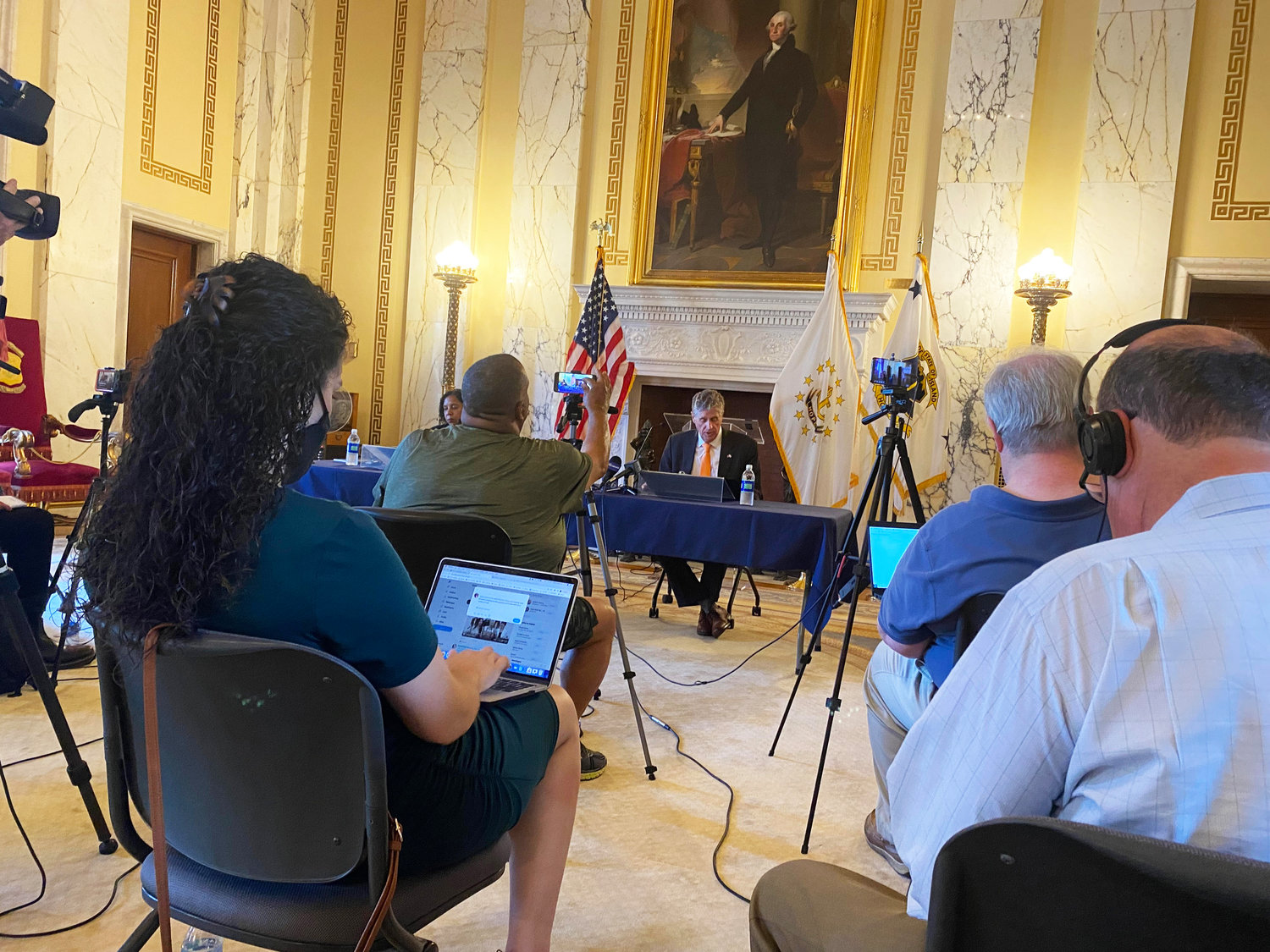 Under the presence of the portrait of George Washington, Gov. Dan McKee accused officials from the Raimondo administration of giving him "a fairy tale" when it came to the proposed budget for Eleanor Slater Hospital at the June 8 news conference held at the State House.