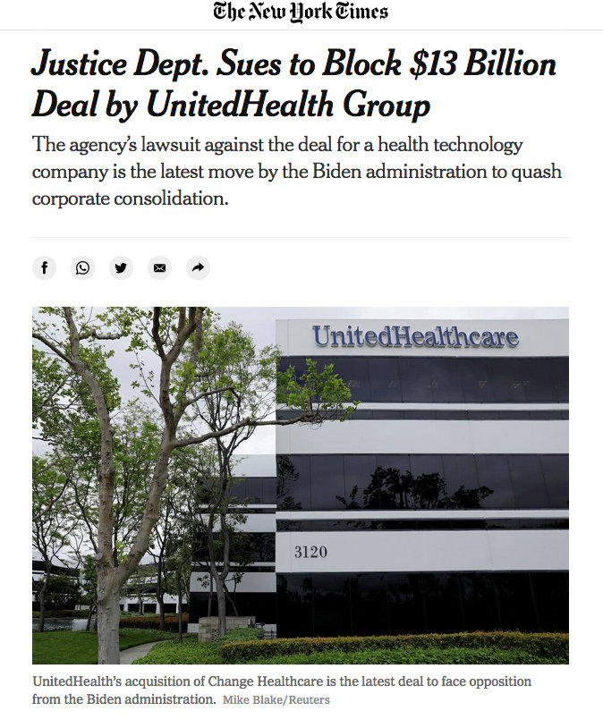 The New York Times digital story from its website on the Justice Department lawsuit to block United Health's acquisition of Change Healthcare in an antitrust action.