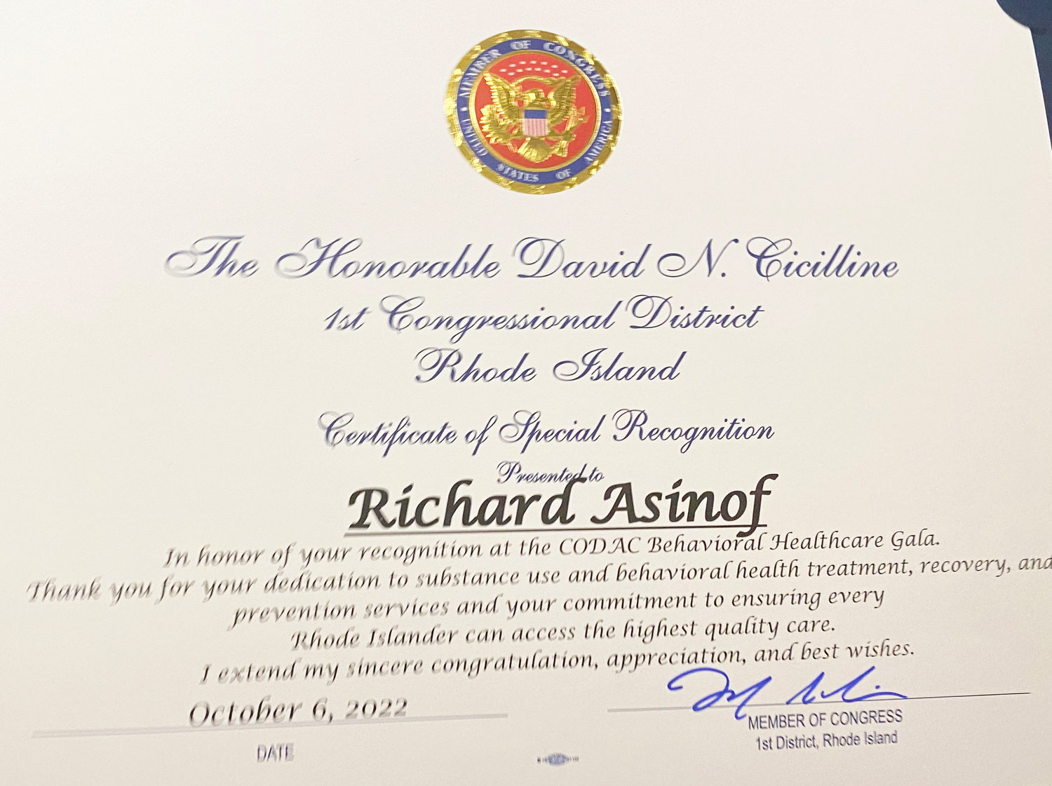 A certificate of special recognition presented by Congressman David Cicilline on Oct. 6, 2022, when CODAC honored the reporting of ConvergenceRI.