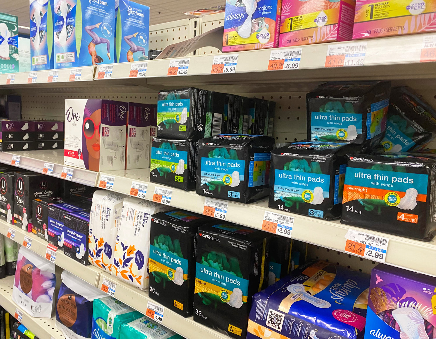 In a public policy first, the city of Pawtucket has begun a program of offering free menstrual products in all of its municipal buildings. Shown above is an aisle of menstrual products at a local pharmacy.