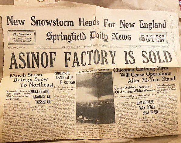 The headline from the Springfield Daily News announcing that Asinof & Sons in Chicopee, Mass., had been sold.